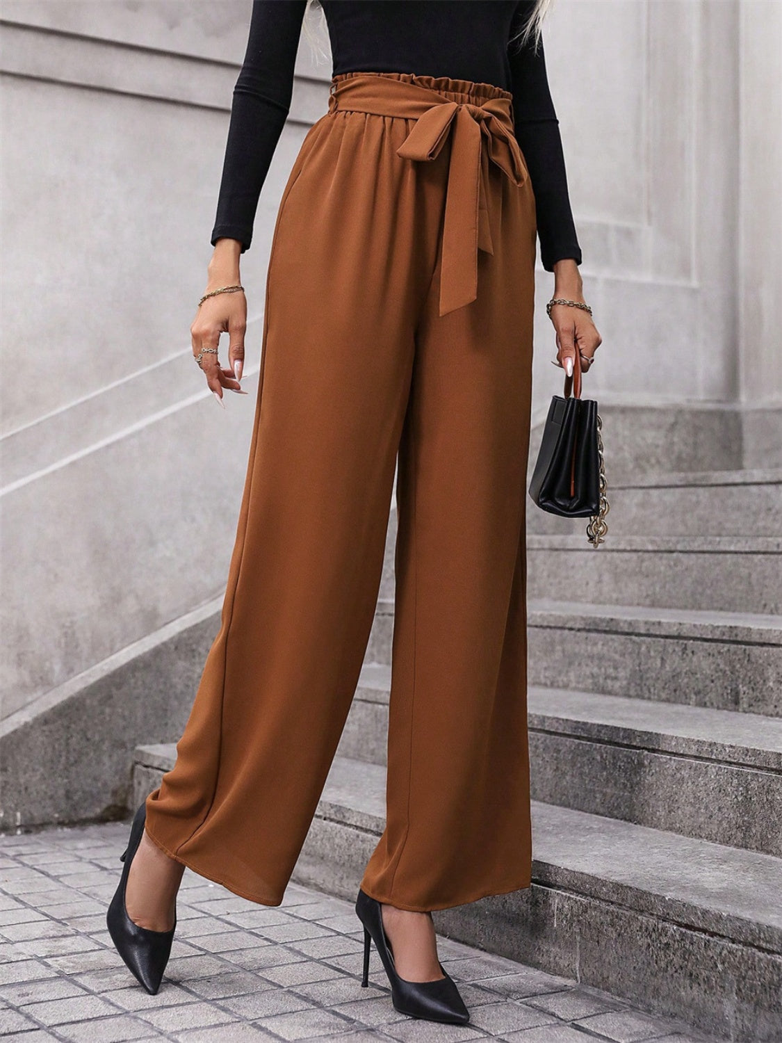 Womens Caramel Tied Wide Leg Pants