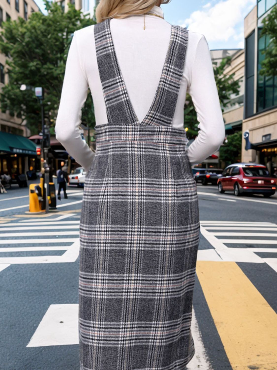 Womens Pocketed Plaid Overall Dress