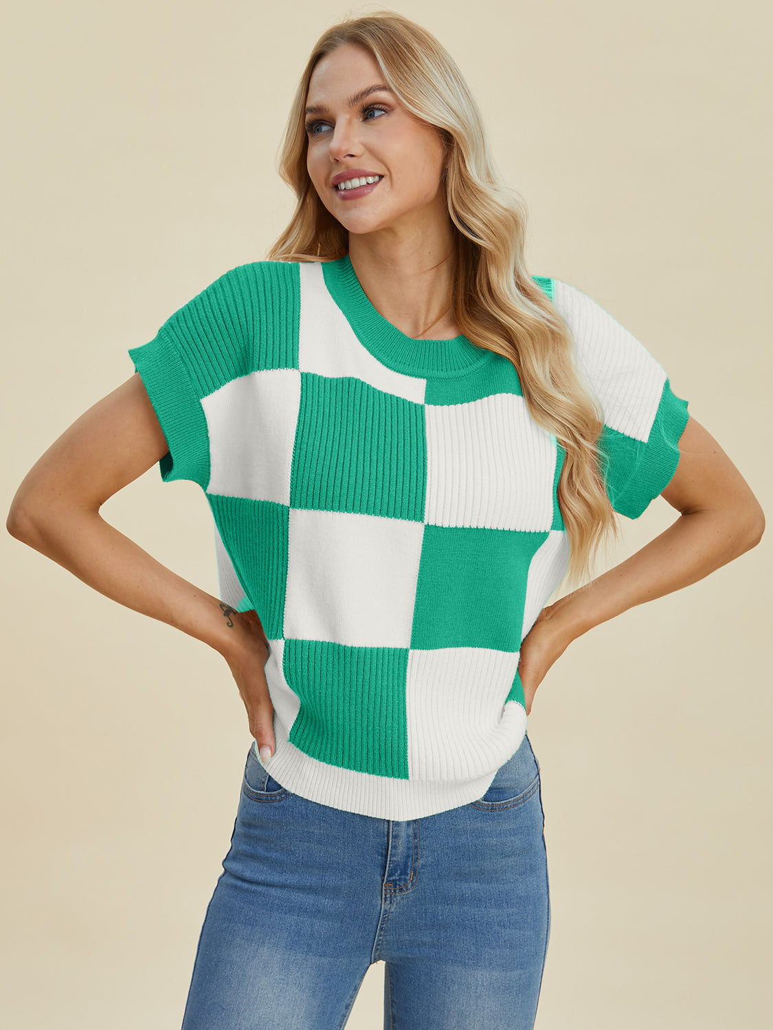 Womens Double Take Checkered Short Sleeve Sweater