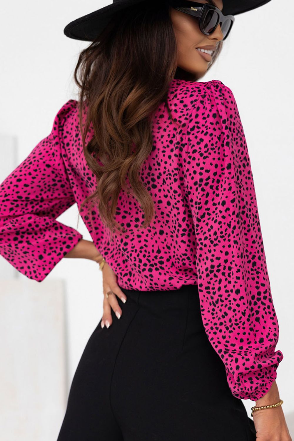 Womens Pink Leopard Round Neck Balloon Sleeve Blouse