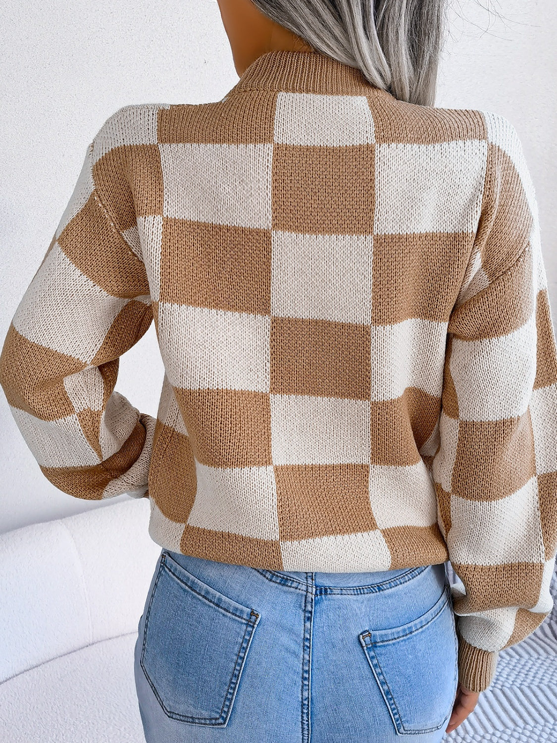 Womens Checkered Mock Neck Long Sleeve Sweater