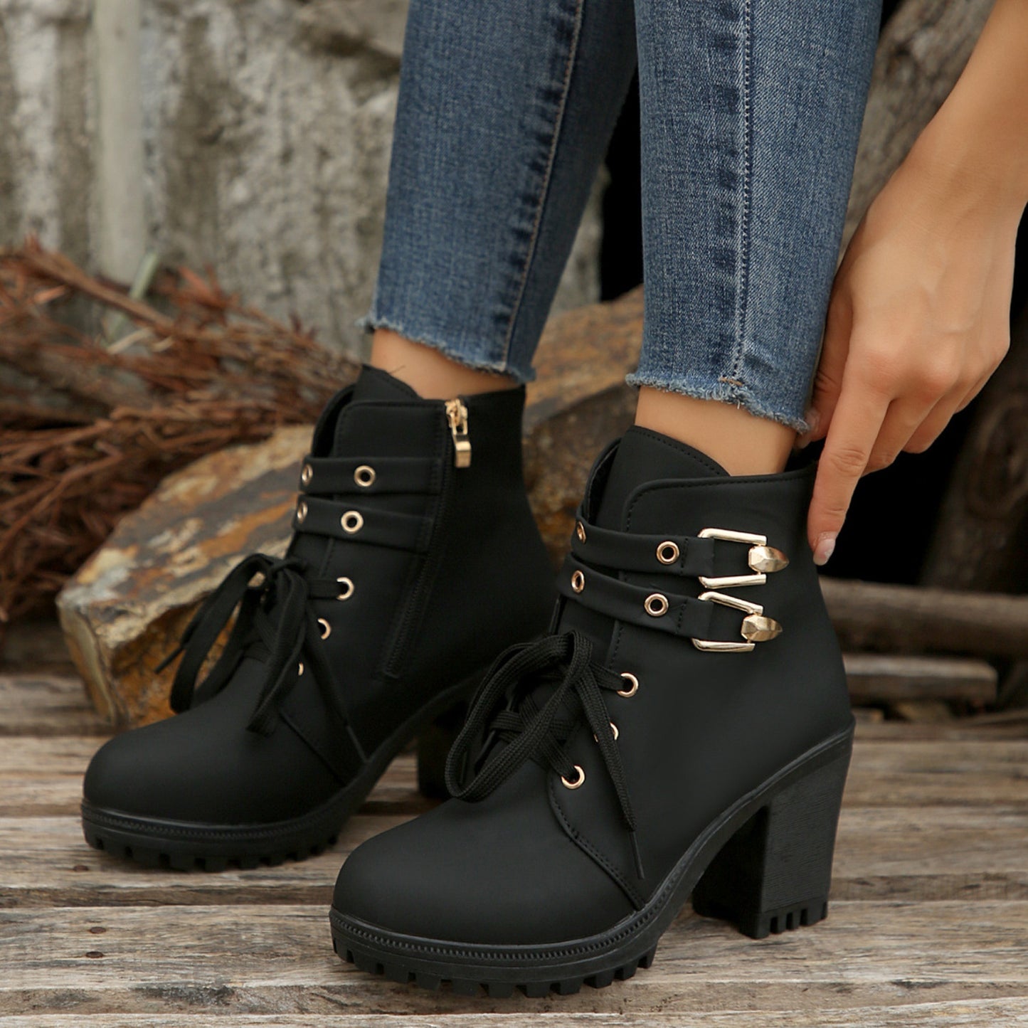 Womens Leather Block Heel Boots