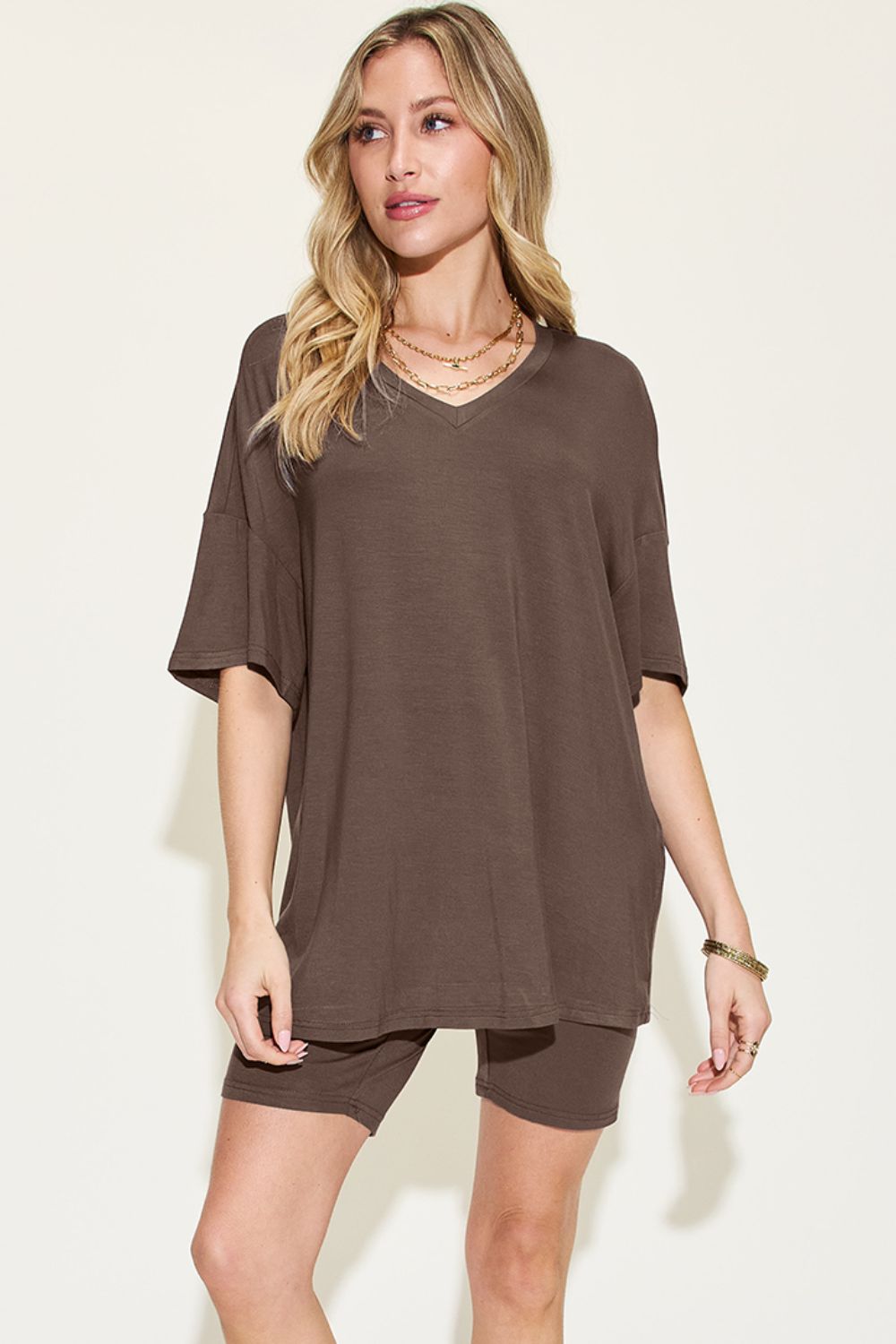 Bae V-Neck Drop Shoulder T-Shirt and Shorts Set