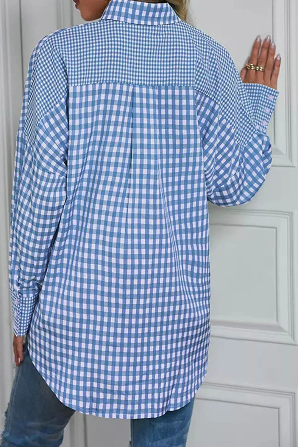 Womens Sky Blue Pocketed Plaid Collared Neck Long Sleeve Shirt