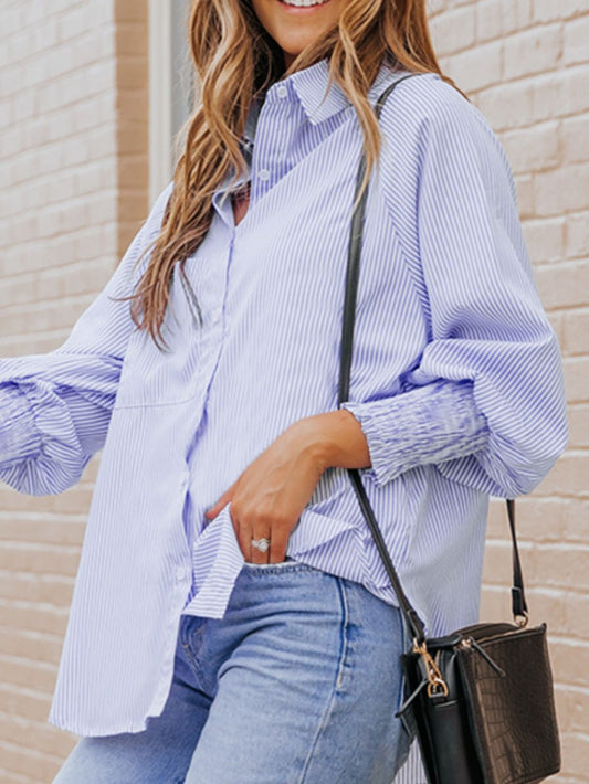 Womens Striped Collared Lantern Sleeve Shirt