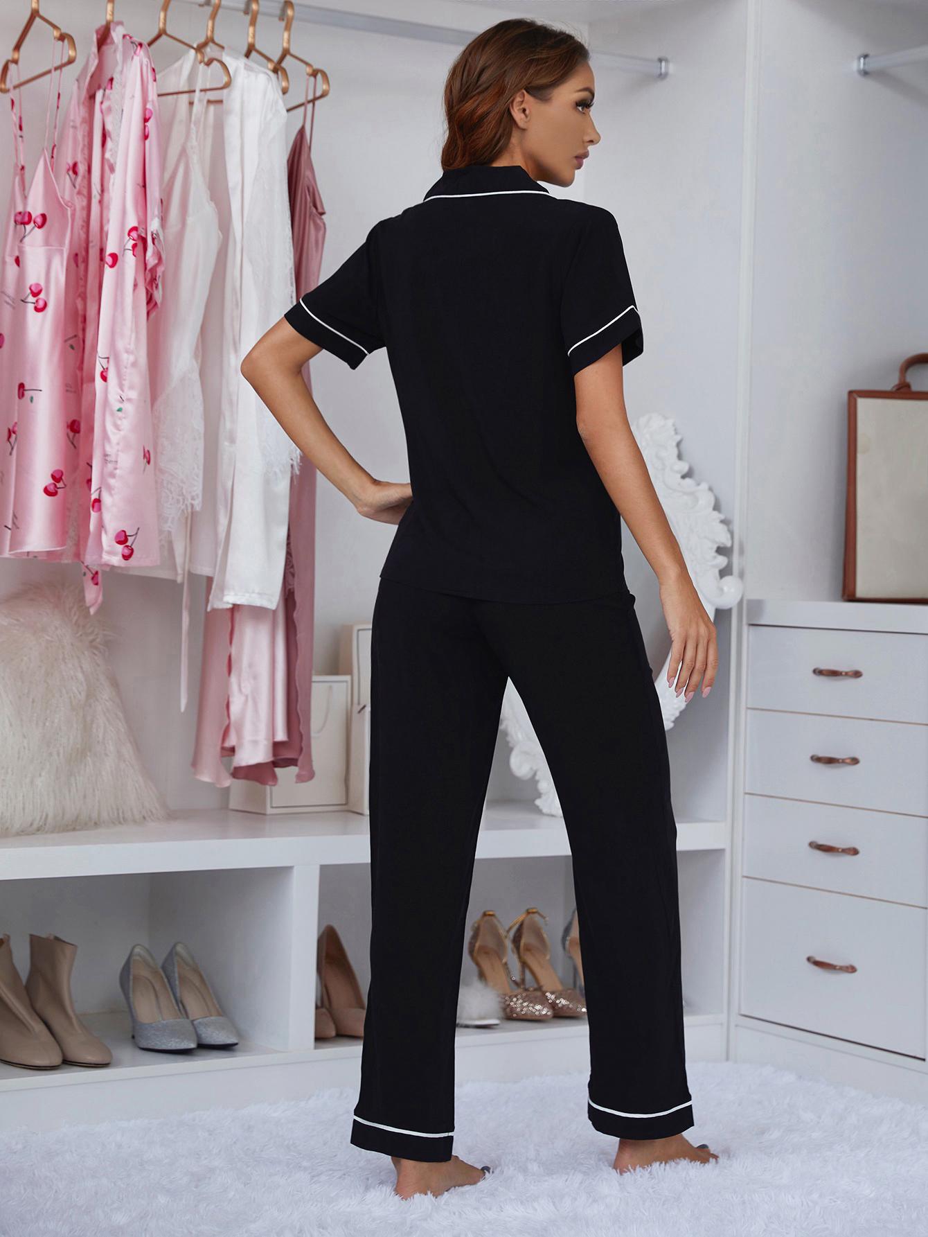 Women's Contrast Lapel Collar Short Sleeve Top and Pants Pajama Set