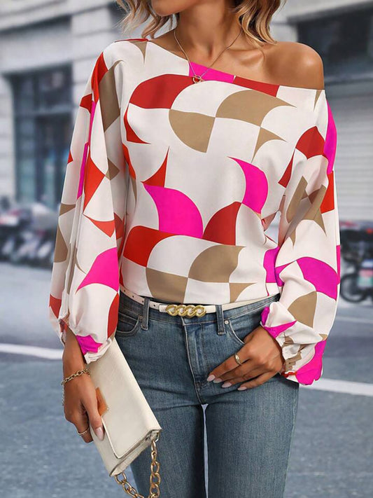 Women's Printed One Shoulder Balloon Sleeve Blouse
