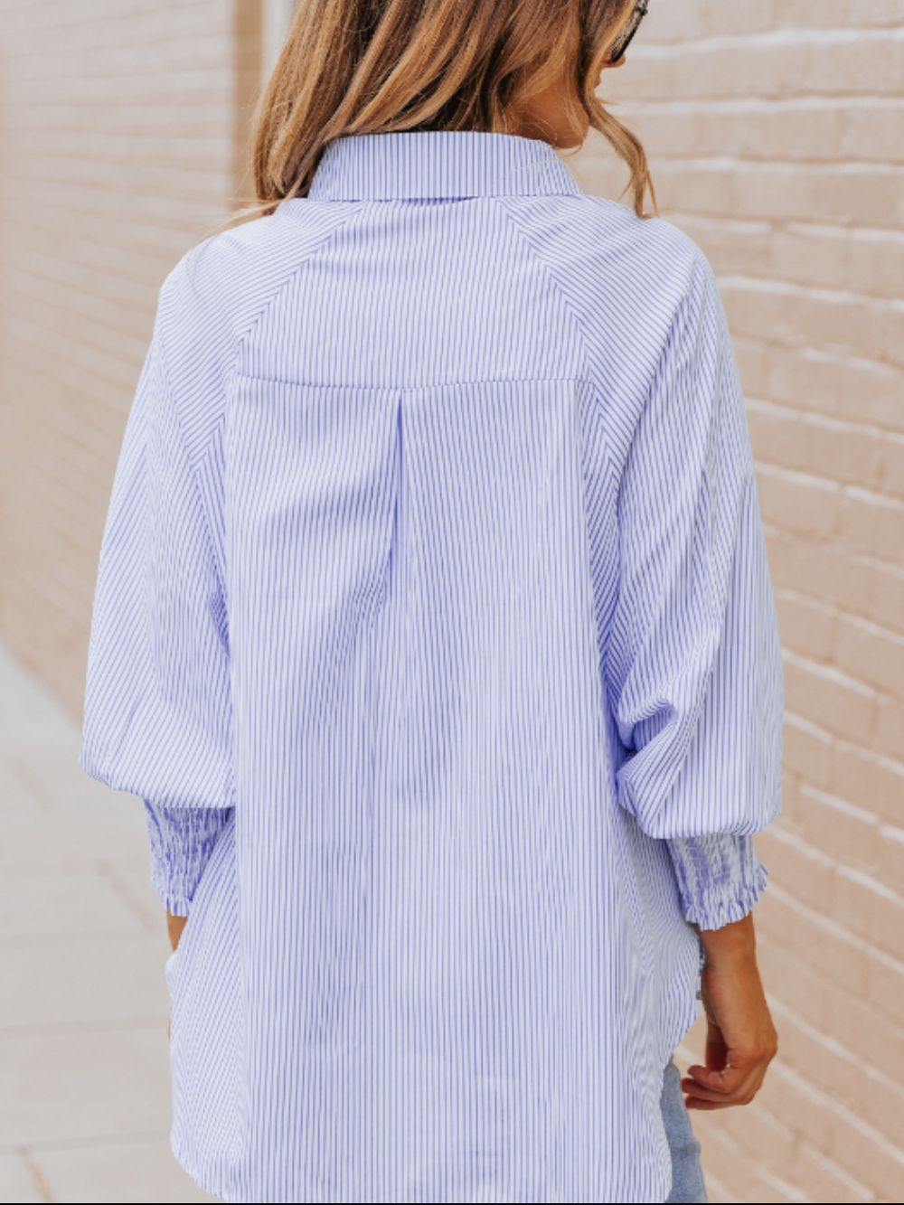 Womens Striped Collared Lantern Sleeve Shirt