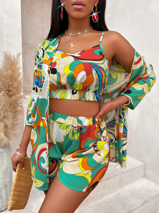 Women's Multi Color Printed Cami, Shorts, and Cardigan Set