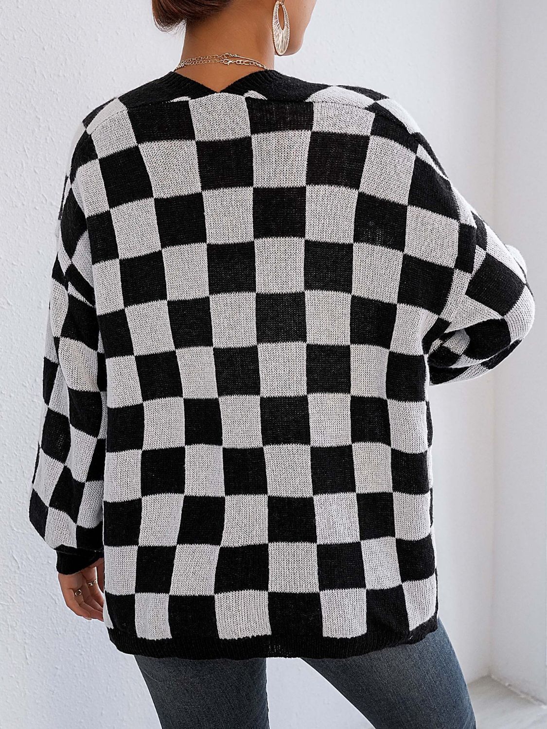 Womens Checkered Long Sleeve Cardigan