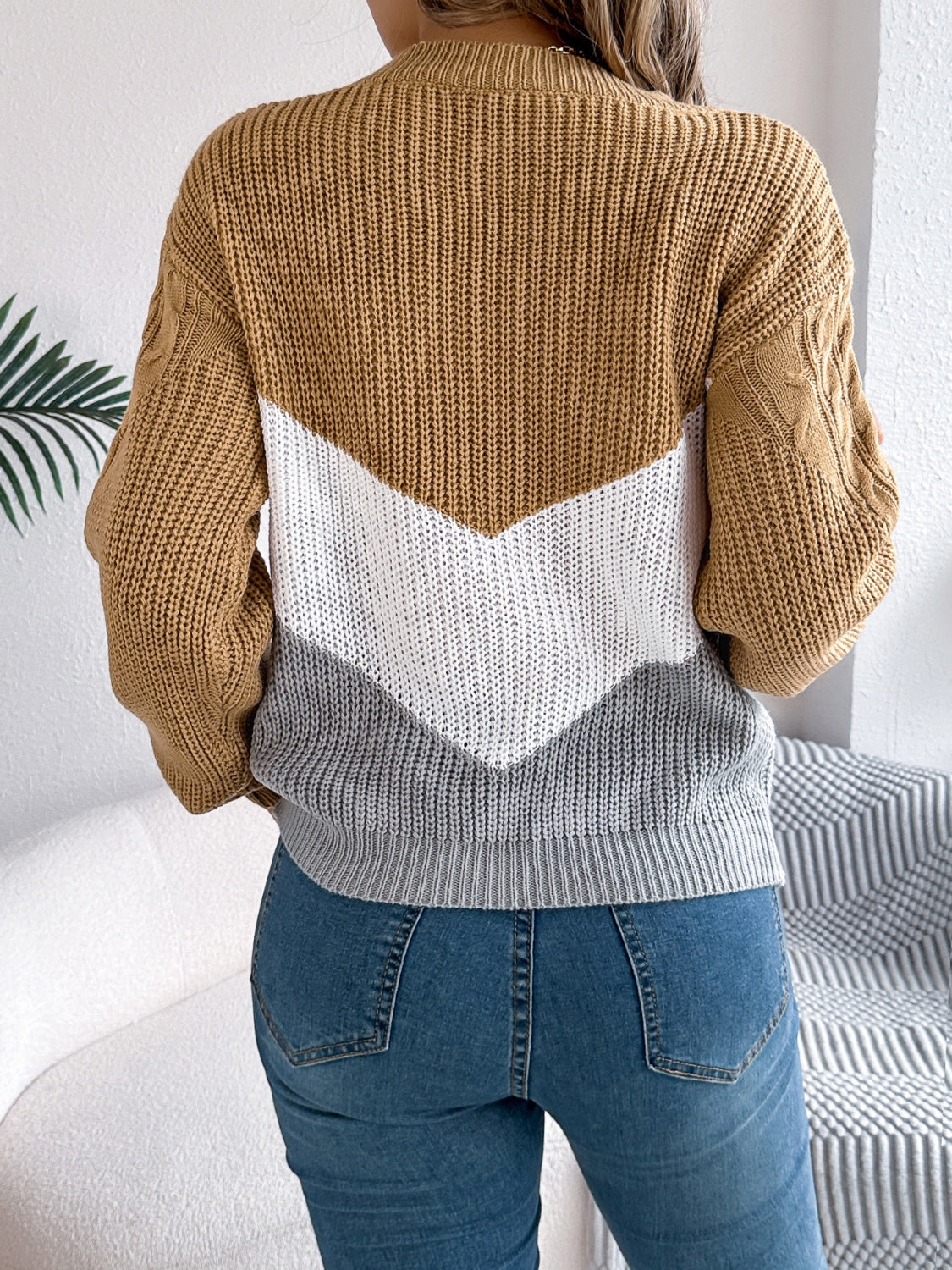 Womens Cable-Knit Color Block Sweater