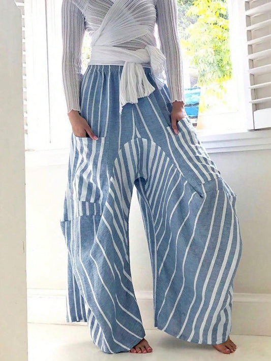 Womens Striped Elastic Waist Wide Leg Pants