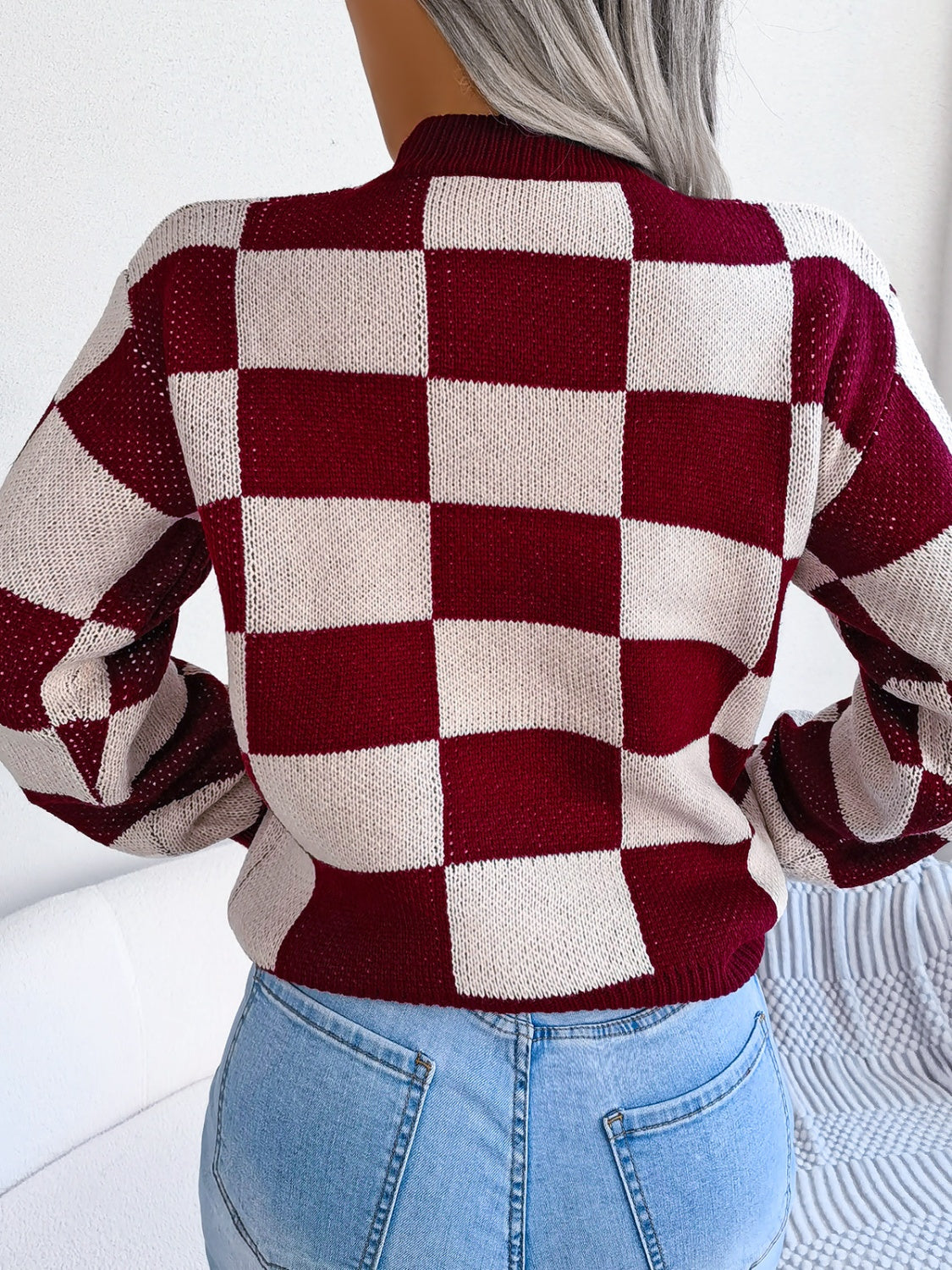 Womens Checkered Mock Neck Long Sleeve Sweater