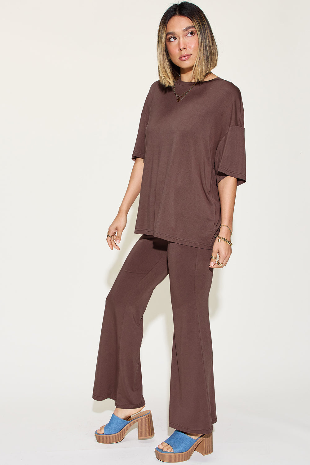 Womens Drop Shoulder T-Shirt and Flare Pants Set