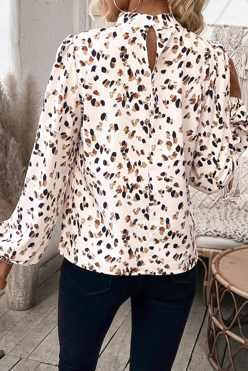 Womens Printed Mock Neck Long Sleeve Blouse