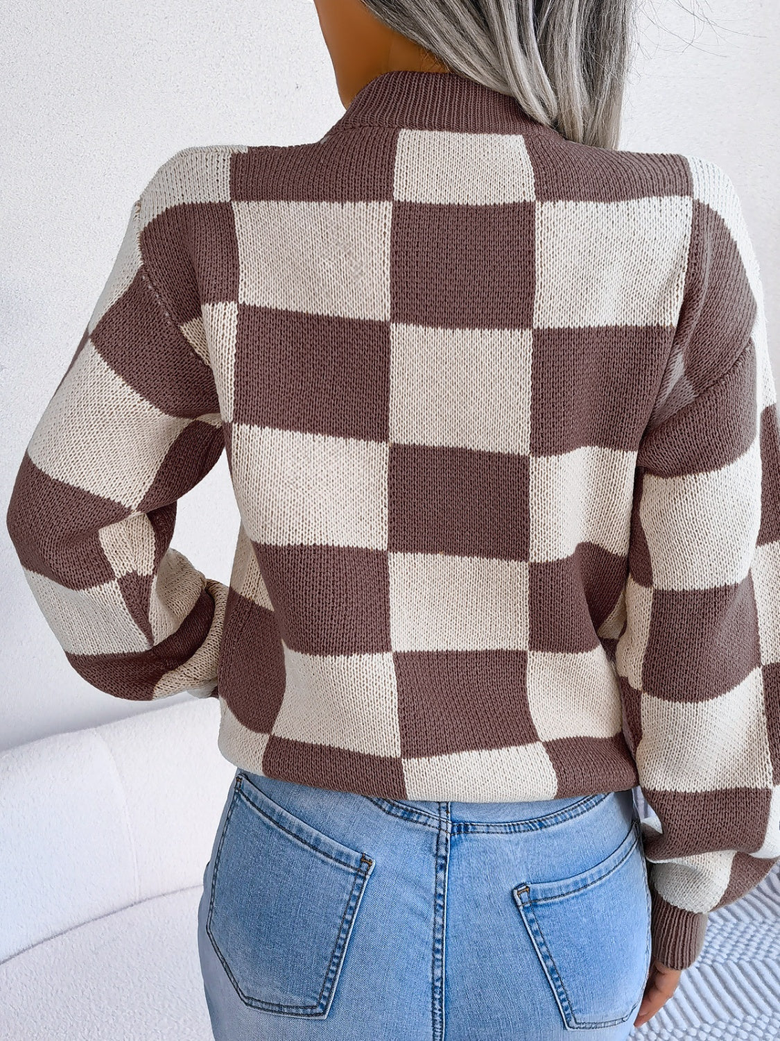 Womens Checkered Mock Neck Long Sleeve Sweater