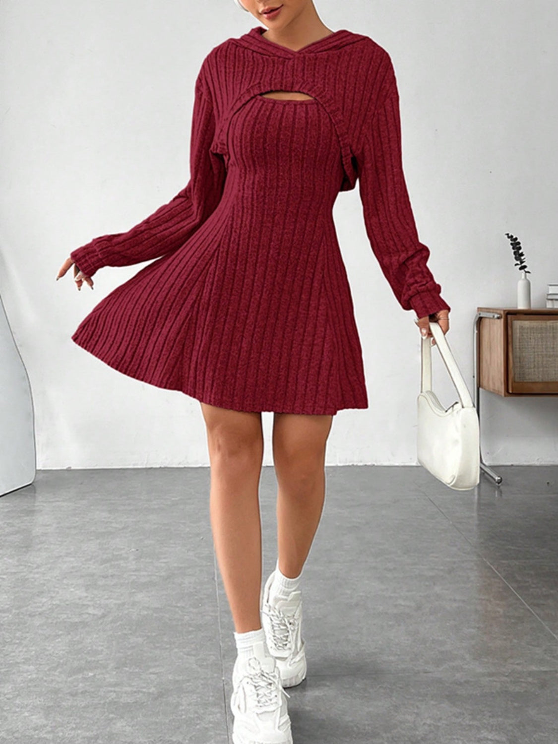 Womens Wide Strap Dress and Long Sleeve Hooded Top Set