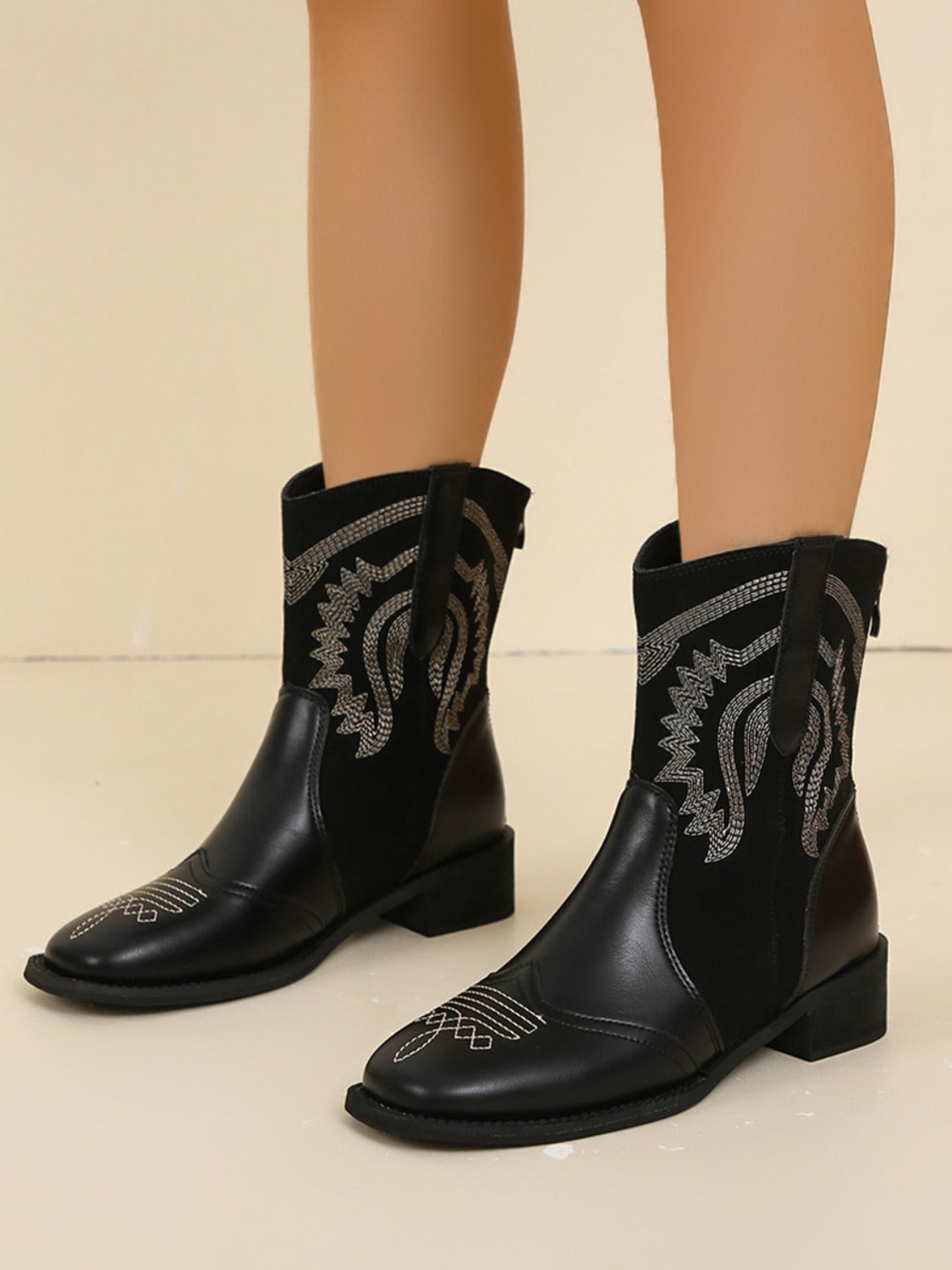 Embroidered Leather Block Heel Boots