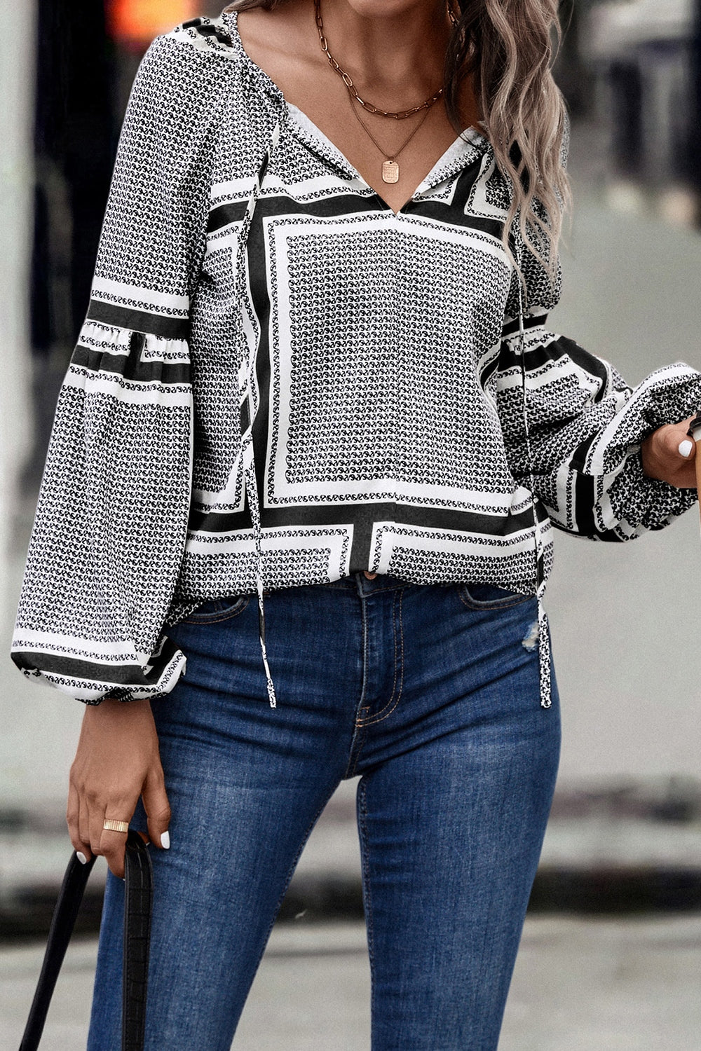 Contrast Printed Balloon Sleeve Blouse