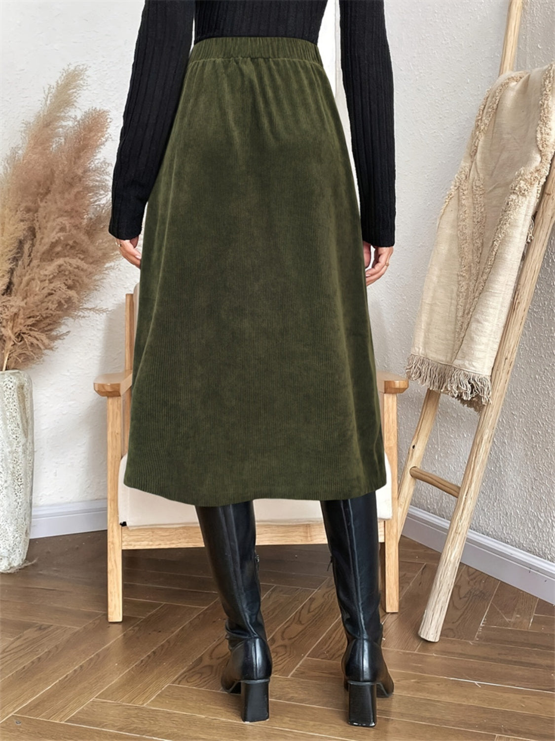 Womens Long Army Green Waist Skirt