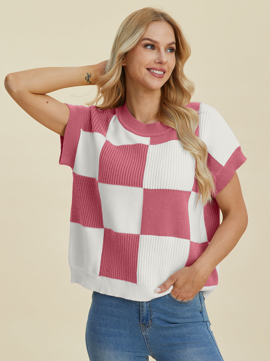 Womens Double Take Checkered Short Sleeve Sweater