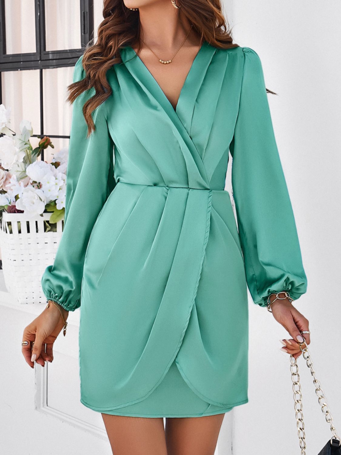 Luxe Ruched Surplice Long Sleeve Mini Dress