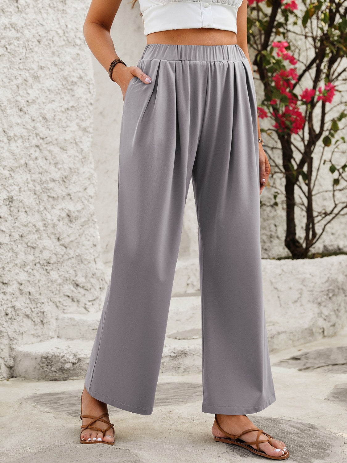 Womens Elastic Waist Wide Leg Pants