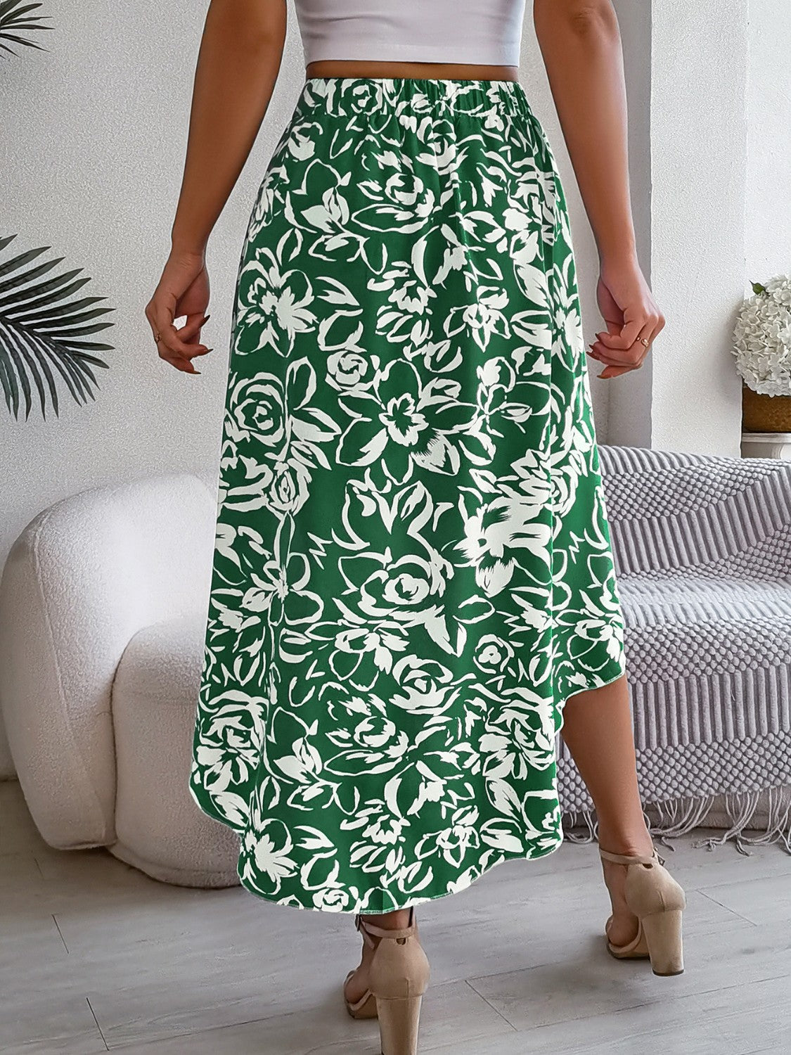 Womens High-Low Printed High Waist Skirt