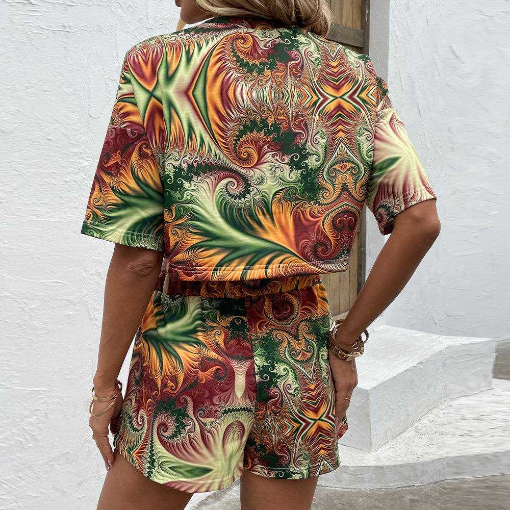 Tropic Printed Round Neck Dropped Shoulder Half Sleeve Top and Shorts Set