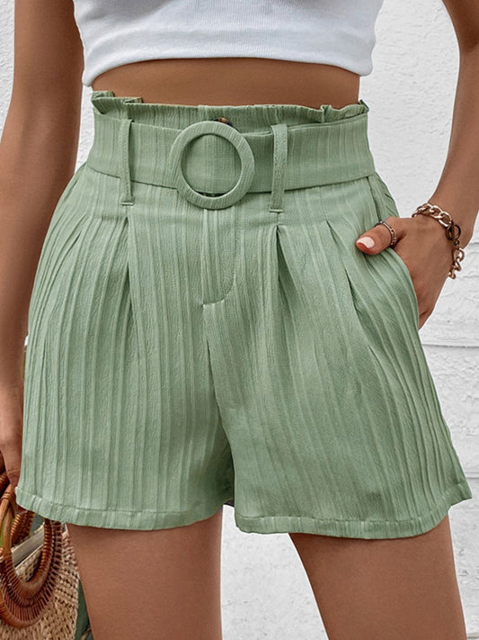 Light Green Belted Shorts with Pockets