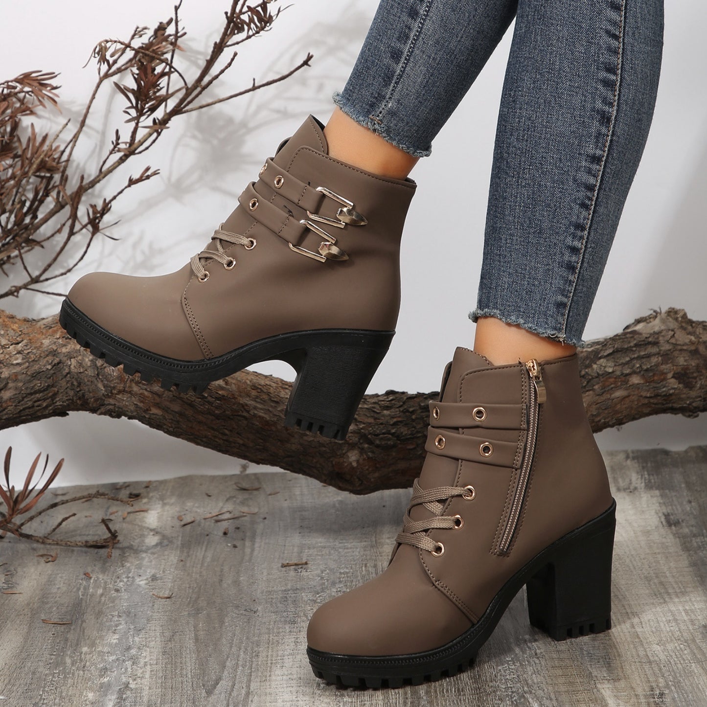 Womens Leather Block Heel Boots