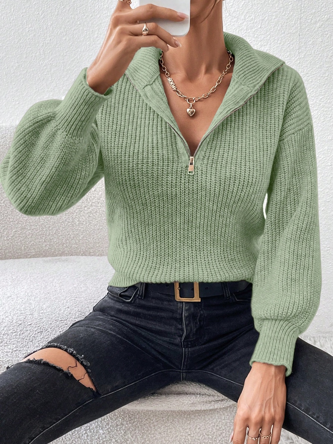 Womens Half Zip Dropped Shoulder Sweater