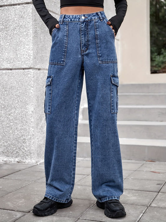 Womens High Rise Straight Jeans with Cargo Pockets