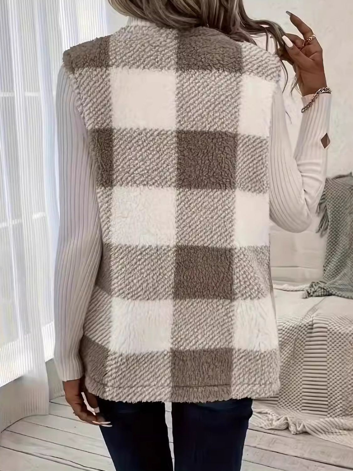 Womens Mocha Plaid Vest Coat