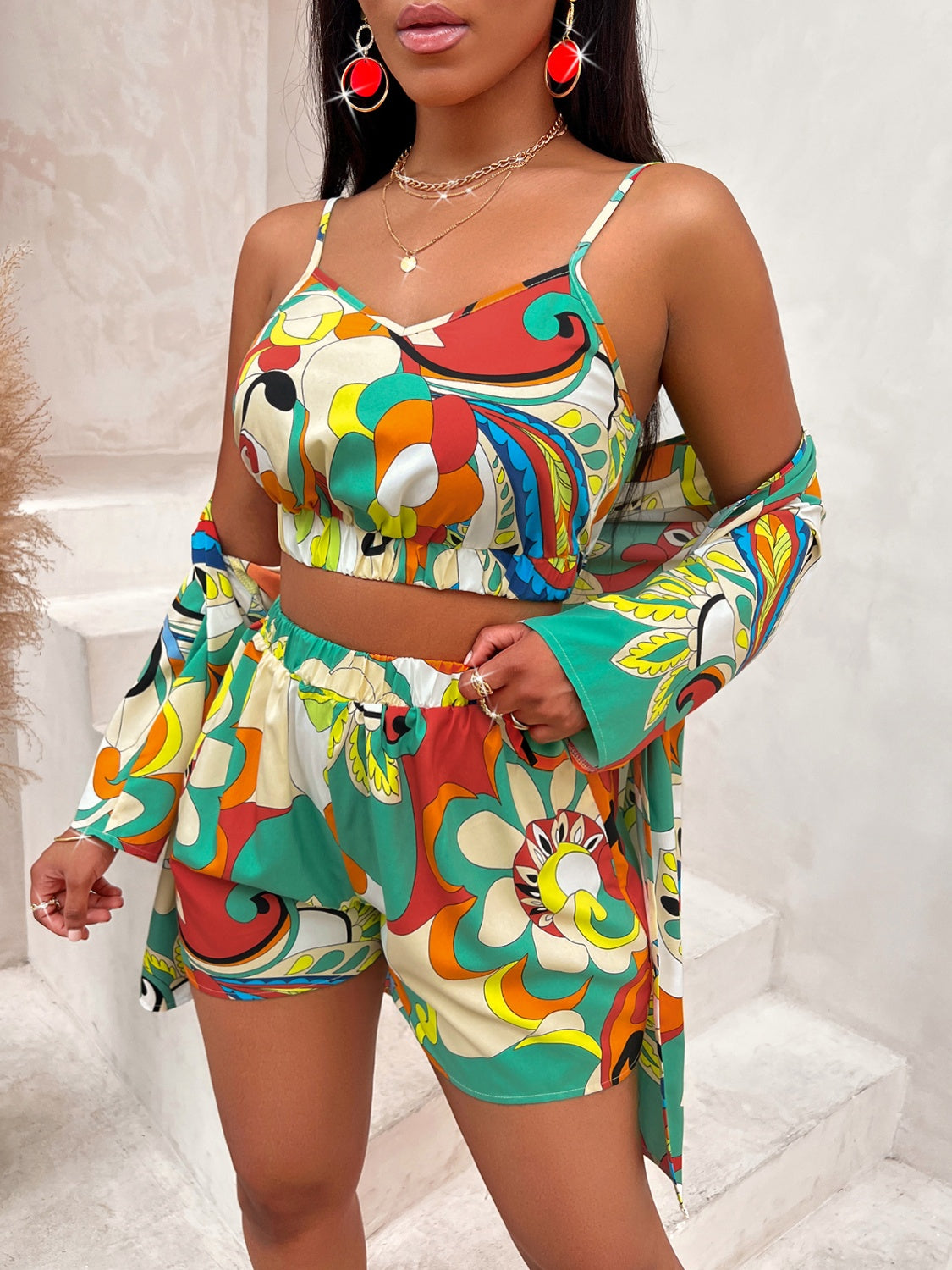 Women's Multi Color Printed Cami, Shorts, and Cardigan Set
