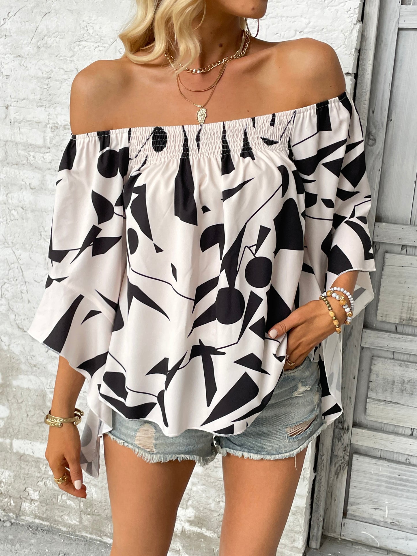 Womens Printed Off-Shoulder Bell Sleeve Blouse
