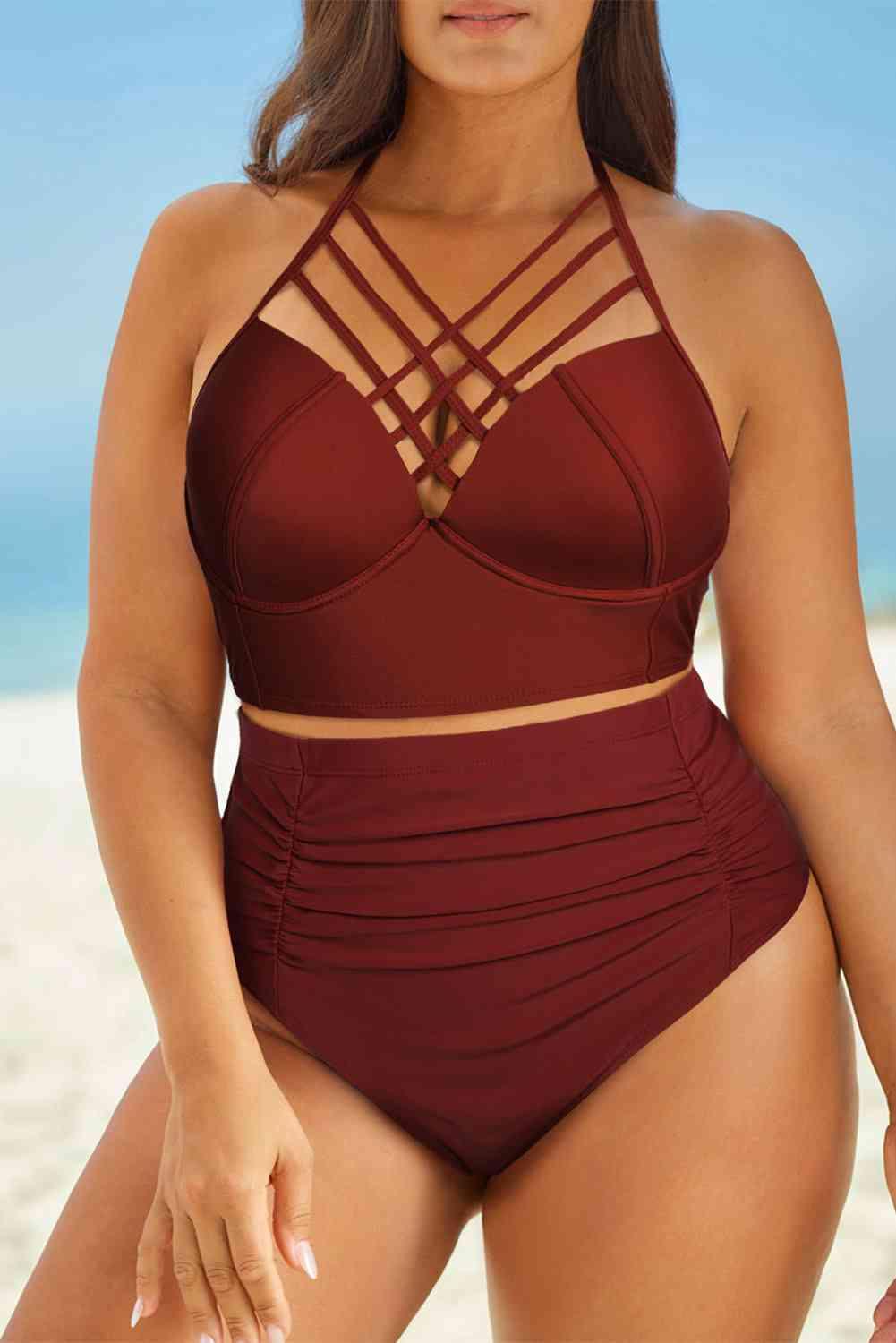 JW Halter Neck Crisscross Ruched Two-Piece Swimsuit - Shop SWR Luxe