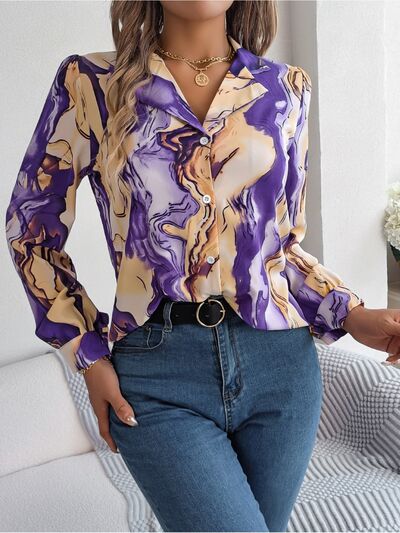 Womens Liquid Printed Button Up Long Sleeve Shirt