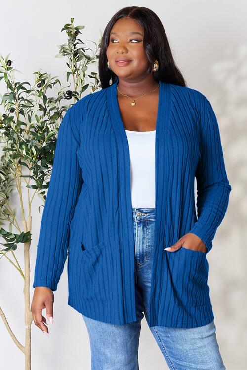 Women's Ribbed Open Front Cardigan with Pockets