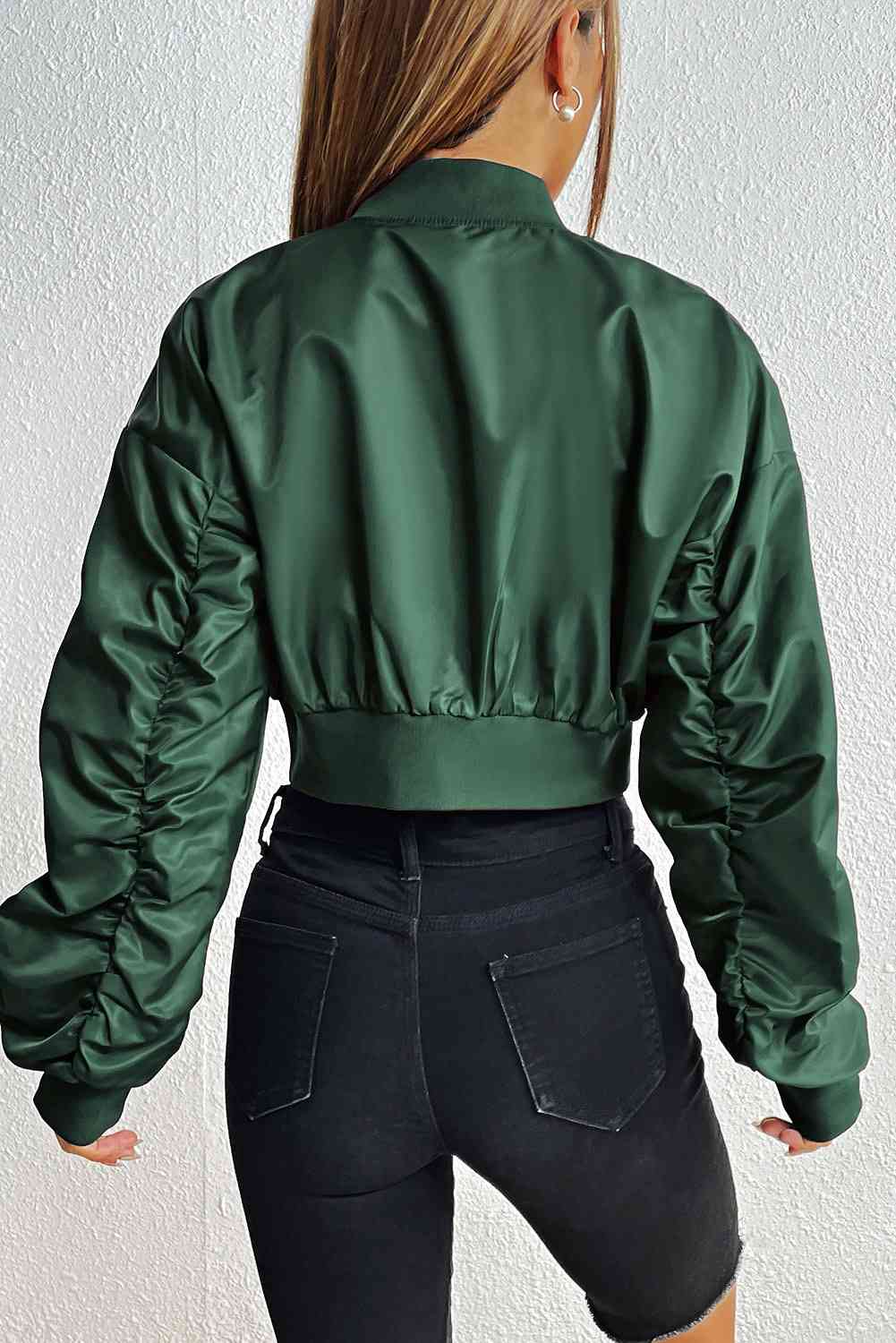 Adrienne Ruched Zip Up Cropped Jacket