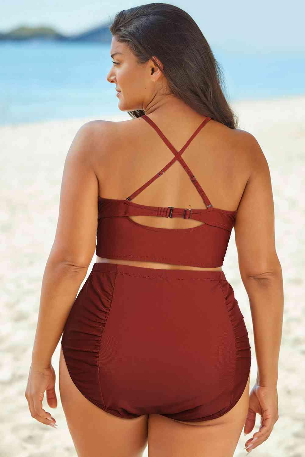 JW Halter Neck Crisscross Ruched Two-Piece Swimsuit - Shop SWR Luxe