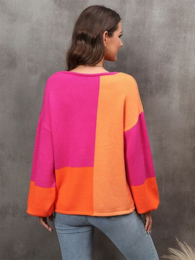 Women's Hot Pink Color Block Round Neck Sweater