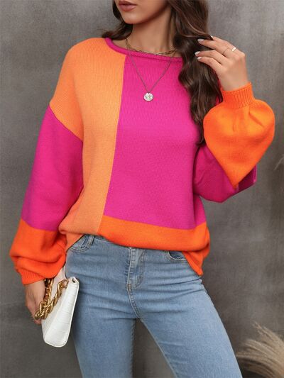 Women's Hot Pink Color Block Round Neck Sweater